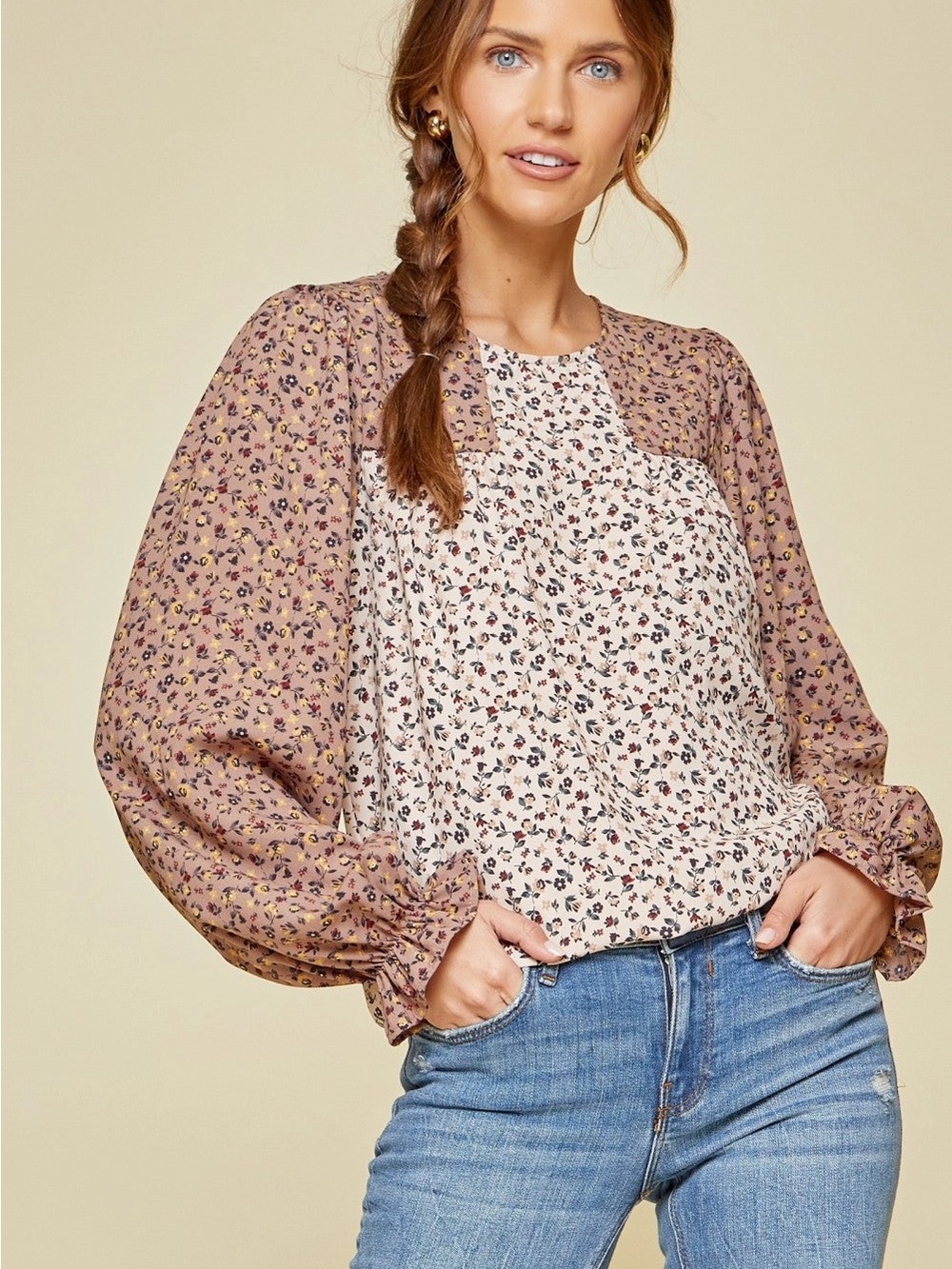 ANDREE BY UNIT Two Tone Floral Puff-Sleeve Blouse Size S MSRP $55